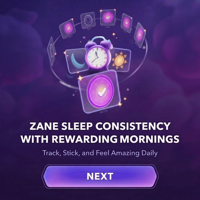 A purple-themed promotional screen for a sleep app reading 'ZANE SLEEP CONSISTENCY WITH REWARDING MORNINGS - Track, Stick, and Feel Amazing Daily' with a NEXT button.