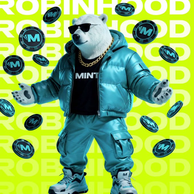 A stylized 3D render of an anthropomorphic polar bear wearing sunglasses, a gold chain, a teal puffer jacket, and "MINT" branded shirt, surrounded by floating coins with "M" logos against a neon yellow background with repeated "ROBINHOOD" text.