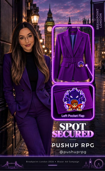 An advertisement showing a woman in a purple suit alongside a blazer design, labeled 'BREAKPOINT 2026 BLAZER AD CAMPAIGN' for PUSHUP RPG.