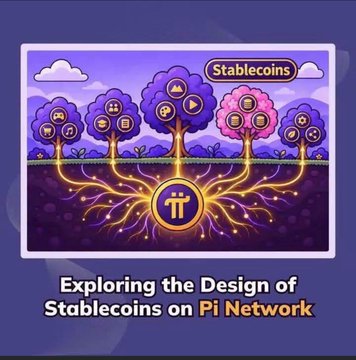 The image shows a stylized graphic titled "Stablecoins" with colorful trees featuring various blockchain and cryptocurrency symbols growing from interconnected roots centered on a Pi Network logo, accompanied by the caption "Exploring the Design of Stablecoins on Pi Network." This visualizes the Pi Network as an emerging ecosystem cultivating diverse digital assets, echoing the post's theme of Pi nurturing countless blockchain "trees" like the prominent pink Bitcoin tree.