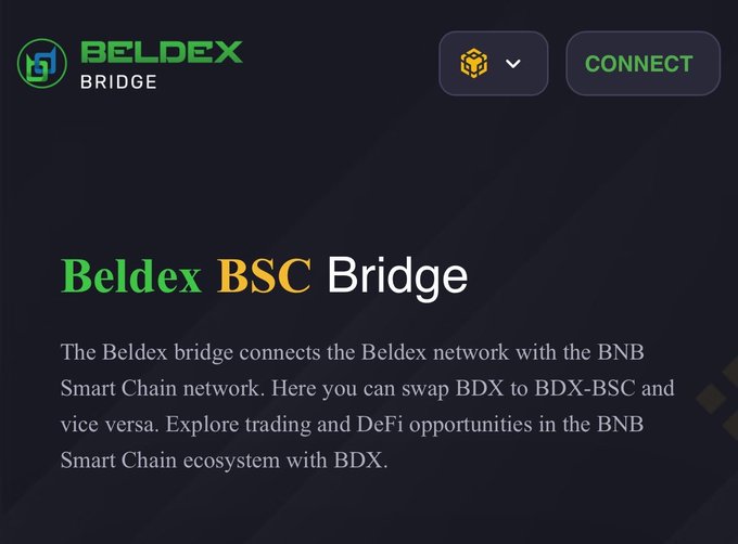 Screenshot of the Beldex Bridge interface, explaining how to swap between BDX and BDX-BSC tokens across the Beldex and BNB Smart Chain networks.