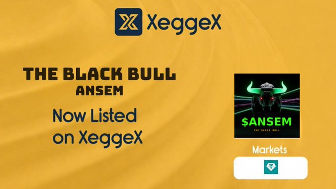 The image is a promotional announcement from XeggeX exchange featuring a yellow background with the XeggeX logo, announcing the new listing of "The Black Bull ($ANSEM)" token. The graphic includes a stylized bull graphic with neon green accents and a "Markets" badge with the Tether (USDT) logo, visually promoting the listing mentioned in the accompanying post.