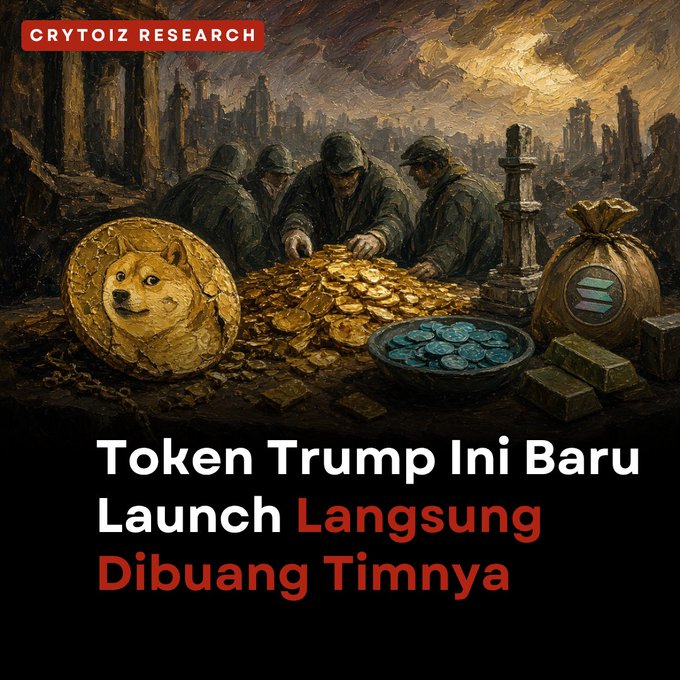 A promotional graphic for Crytoiz Research featuring an oil-painting style image of men with gold coins, a Doge coin, and a Solana bag, with Indonesian text reading 'Token Trump Ini Baru Launch Langsung Dibuang Timnya'.