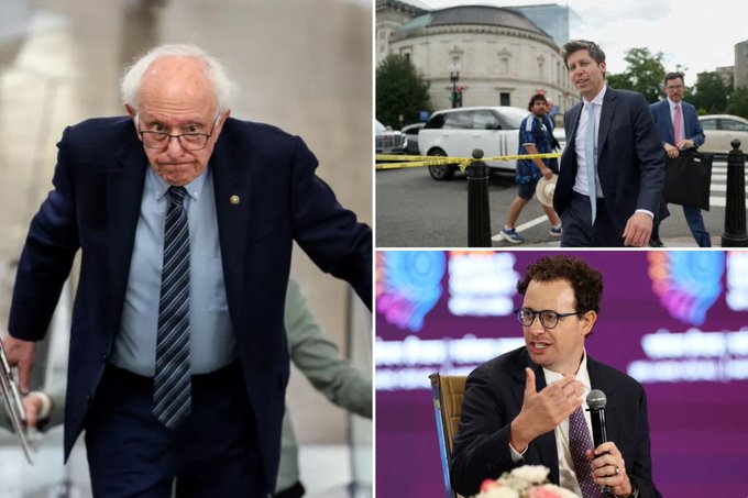 The image is a three-panel collage showing Bernie Sanders walking, a man in a suit exiting a building, and a bespectacled man speaking into a microphone at what appears to be a conference or panel discussion. There is no direct visual connection between the image and the caption's philosophical musings about Bitcoin, AI, and the "big bang," suggesting the collage may be illustrating the people referenced in a separate article rather than the quoted text itself.