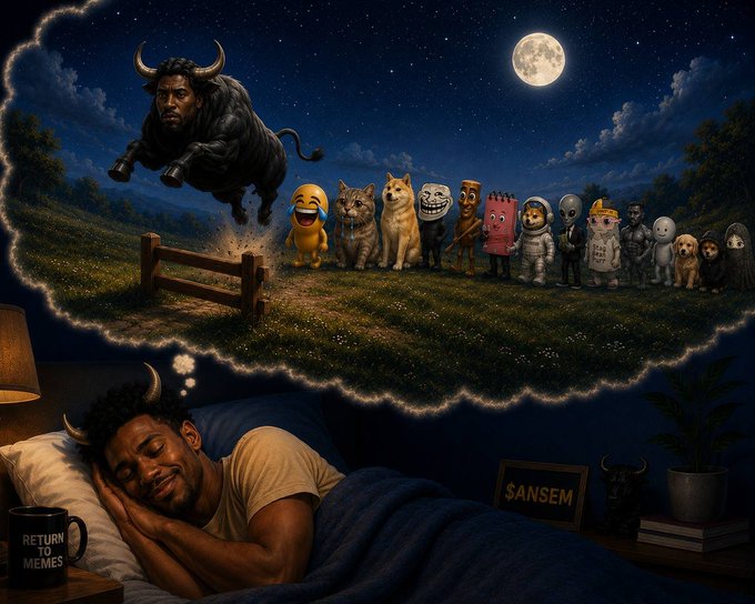 A peaceful portrait capturing a content figure resting beneath a starry moonlit sky, with a thought cloud above revealing whimsical visions of internet meme icons—including laughing emoji, troll face, and various characters—interspersed with horned figures leaping over fences in a pastoral scene. A nearby mug reads "RETURN TO MEMES" and a framed sign displays "$ANSEM," tying the dreamlike meme imagery to the post's reference to the crypto token.