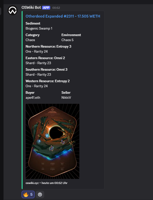 A Discord message from the OSWiki Bot announcing 'Otherdeed Expanded #2311' for 17.505 WETH, detailing its Sediment, Category, Environment, and Resource attributes, alongside a hexagonal land image.