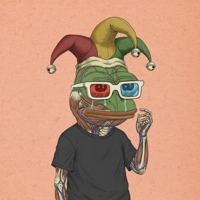 A surreal illustration of a creature with a fish-like head wearing a colorful jester hat and red-blue 3D glasses, a black t-shirt, and anatomically exposed muscles on its arms.