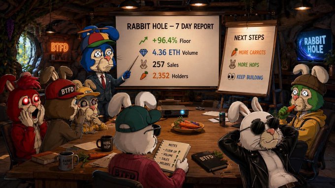 An illustration of anthropomorphic rabbits in a meeting room for 'RABBIT HOLE - 7 DAY REPORT' showing metrics like '+96.4% Floor', '4.36 ETH Volume', '257 Sales', and '2,352 Holders', with 'NEXT STEPS' including MORE CARROTS, MORE HOPS, and KEEP BUILDING.