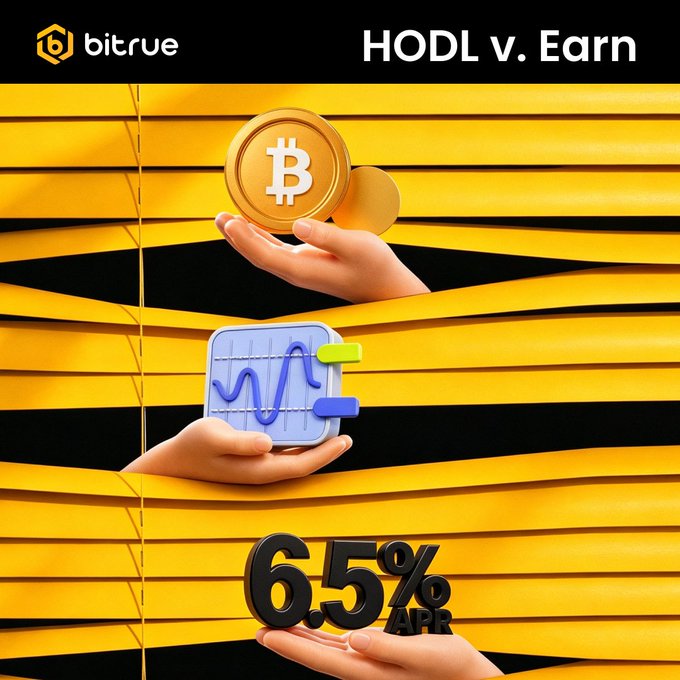A Bitrue promotional graphic titled "HODL v. Earn" features hands holding a Bitcoin coin, a chart icon, and a 6.5% APR figure against a yellow and black striped background, illustrating the choice between simply holding Bitcoin versus earning yield through staking on the Bitrue platform.
