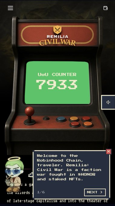 A retro arcade-style counter interface titled 'REMILIA CIVIL WAR' displaying 'UwU COUNTER 7933', with text explaining a faction war fought in SHONOR and staked NFTs on the Robinhood Chain.
