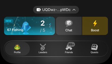 The image shows the Six Seven app interface with a "67 Fishing" feature displaying "2/5" casts, along with navigation tabs for Chat, Boost, Profile, Leaders, Friends, and Quests. The accompanying text illustrates that this is the new fishing feature where users connect their wallet and cast with worms to catch fish ranging from common to legendary.
