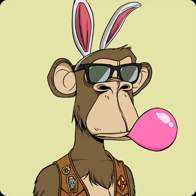 A cartoon monkey wearing bunny ears, black sunglasses, and a brown vest with badges, blowing a pink bubble gum bubble.