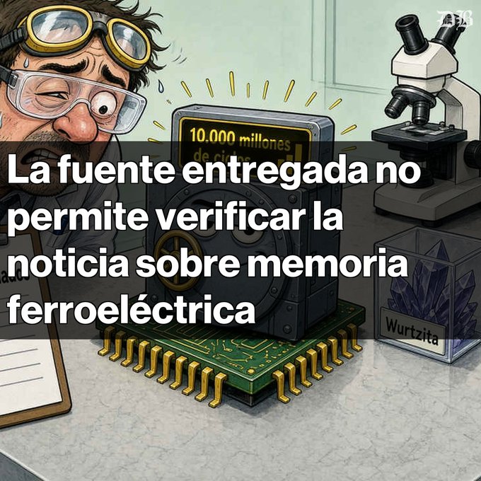 An illustration shows a stressed scientist with goggles looking at a safe displaying '10.000 millones', with Spanish text overlay reading 'La fuente entregada no permite verificar la noticia sobre memoria ferroeléctrica'.