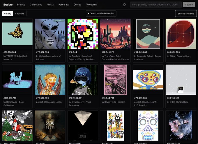 A screenshot of an NFT marketplace gallery showing various digital artworks with IDs and artist names like TOUS, drippaintxr, Anarcotic, The ePaper Artist, Fernando Cabral.