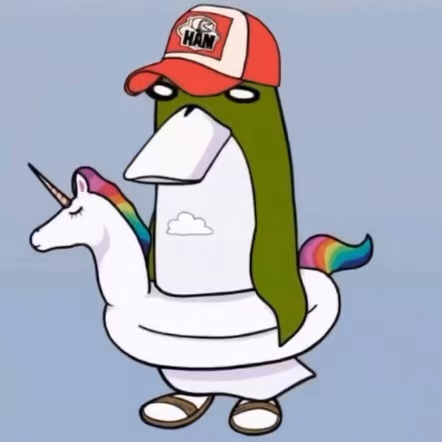The image features an anthropomorphized penguin wearing a red baseball cap, holding onto an inflatable unicorn with rainbow colors. The scene appears to be set against a blue background, which contrasts nicely with the white penguin's body and the colorful unicorn. The caption of the image reads "This is a documentary $BNKR".