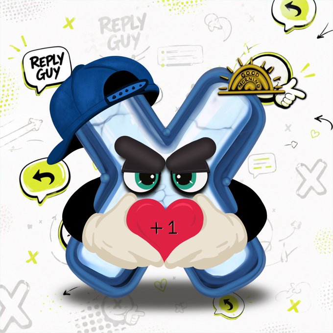 A cartoon mascot character resembling a blue X shape wearing a backwards cap, holding a heart labeled '+1' amid doodled chat bubbles and 'Reply Guy' text.