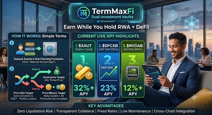 An advertisement for 'TermMaxFi Dual-Investment Vaults' with the tagline 'Earn While You Hold RWA + DeFi!', showing live APY highlights for $XAUT (32%+), $SPCXB (23%), and $NVDAB (12%+).