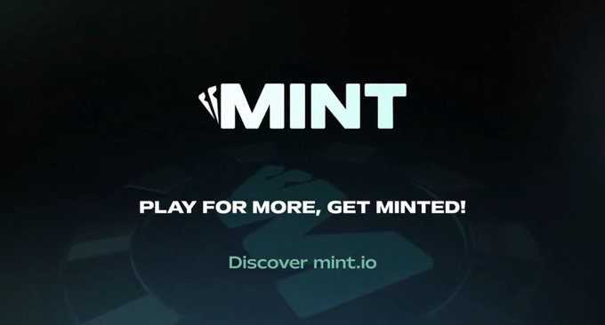 A sleek dark promotional graphic for PlayOnMint displays the bold white "MINT" logo alongside the tagline "PLAY FOR MORE, GET MINTED!" and the call-to-action "Discover mint.io," visually teasing the upcoming launch of the $MNTD token and its role in unifying ecosystem rewards.