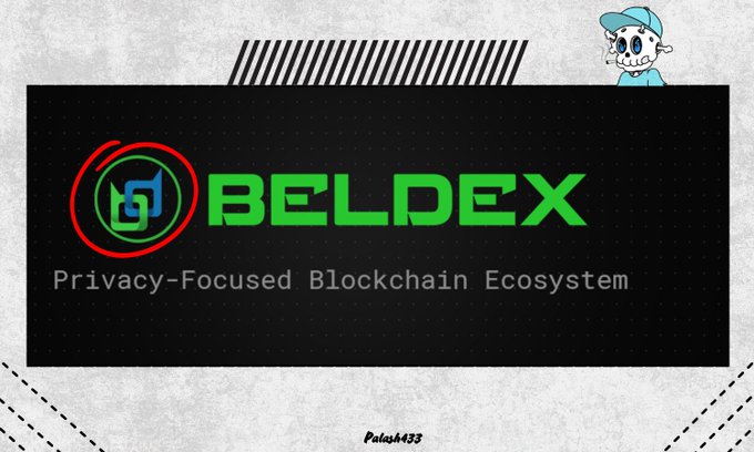 The image displays a promotional banner for Beldex featuring its green logo alongside the text "BELDEX - Privacy-Focused Blockchain Ecosystem," set against a black background with decorative striped accents and a small cartoon skull character. The banner visually reinforces the post's emphasis on Beldex's privacy-focused product suite, including BChat, BelNet, and the Beldex Browser, by highlighting the ecosystem's brand identity.