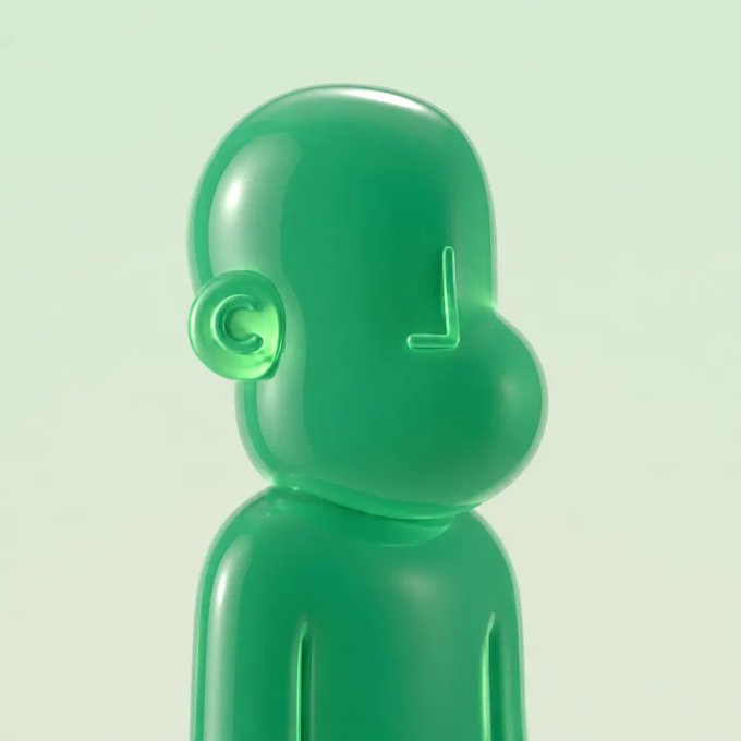 A glossy green, stylized 3D figure with a smooth, featureless face and a curled ear, resembling a toy or collectible figurine. The post references purchasing this playable character NFT on-chain, with the image serving as a visual representation of the digital collectible acquired for their crypto wallet.