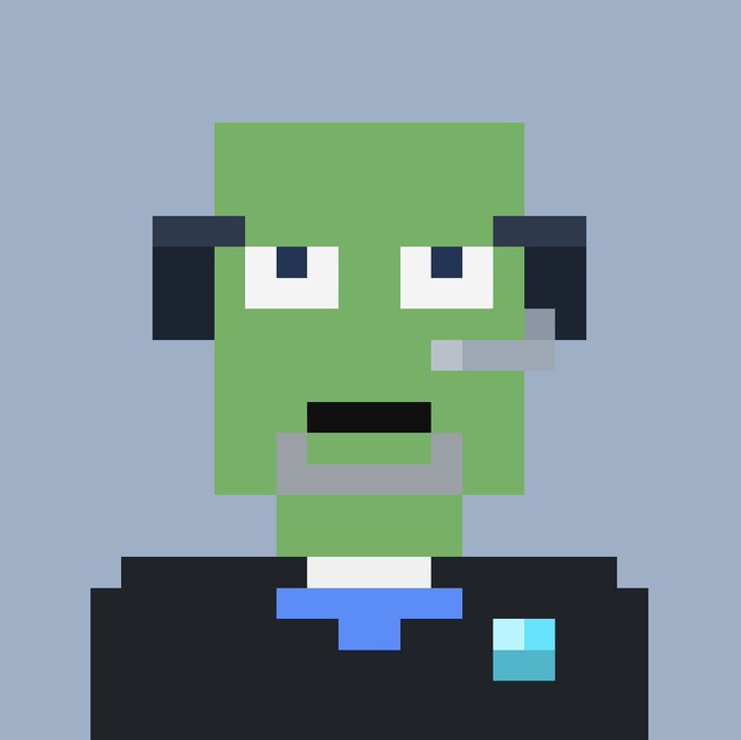 A simple pixel art portrait of a green-skinned character with black hair wearing a black suit jacket and blue tie against a light blue background.