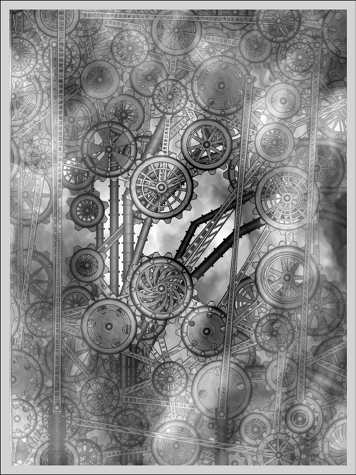 A complex black and white illustration filled with overlapping gears, cogs, and mechanical structures.