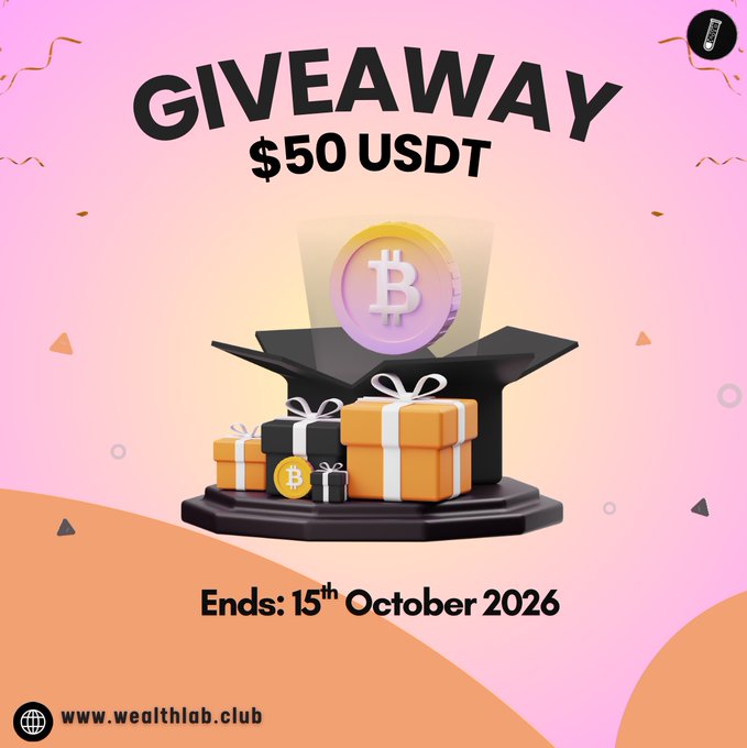 A promotional giveaway graphic for www.wealthlab.club offering $50 USDT, featuring a Bitcoin coin and gift boxes, ending on 15th October 2026.
