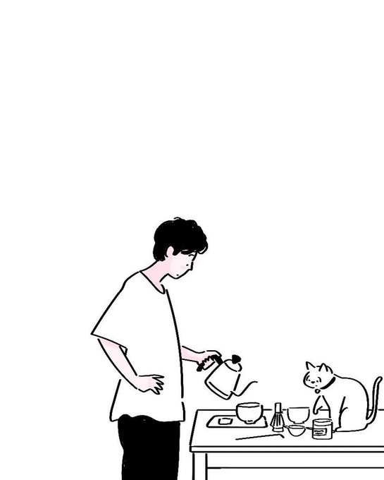 A simple line drawing of a person pouring from a kettle into a cup on a table, with a cat sitting nearby watching.