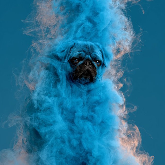 An artistic portrait of a pug dog enveloped in swirling blue and peach-colored smoke against a matching blue background.
