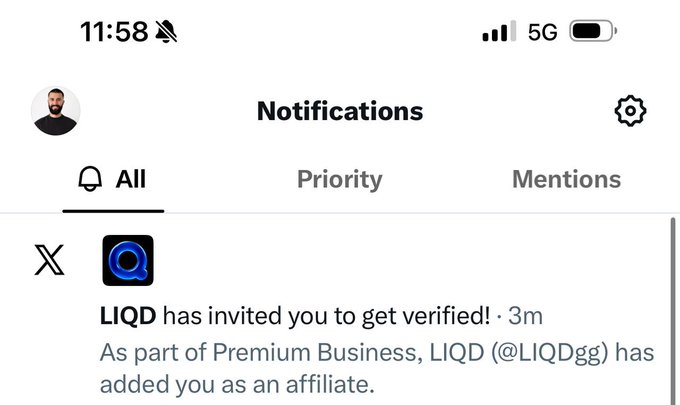A smartphone screenshot showing X (Twitter) notifications with a message that "LIQD has invited you to get verified!" as part of their Premium Business affiliate program.