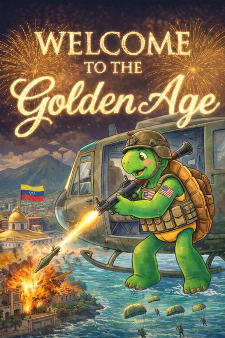 A cartoon turtle wearing military gear and an American flag patch fires a weapon from a helicopter over a tropical landscape, with the text "Welcome to the Golden Age" displayed above fireworks. The whimsical, chaotic imagery contrasts ironically with the post's serious update about Franklin community progress, milestones, and post-Community Takeover developments.