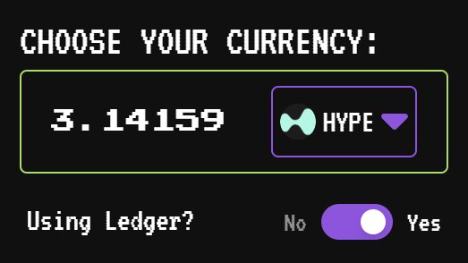 The image displays a digital interface titled "CHOOSE YOUR CURRENCY:" showing an amount of "3.14159" with "HYPE" selected as the currency, along with a "Using Ledger?" toggle set to "Yes." This relates to the post's discussion about reclaiming Solana rent fees into HYPE, highlighting the irony that while Solana can convert rent fees to HYPE tokens, the reverse is not possible—suggesting everything, including Hyperliquid's HYPE token, ultimately runs on Solana's infrastructure.