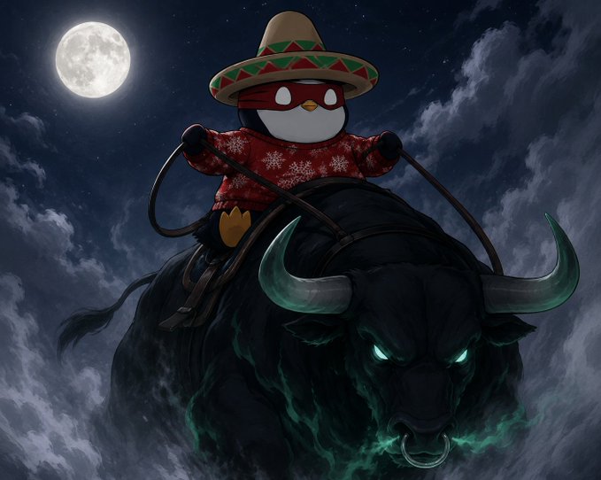 A stylized digital illustration of a penguin wearing a sombrero and red snowflake sweater, riding a large black bull with glowing green eyes and a green misty breath under a full moon.