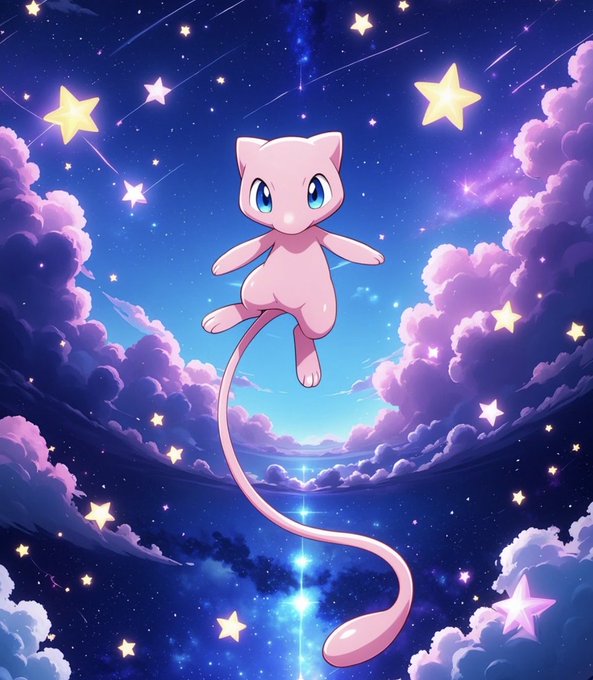 An anime-style illustration of Mew, the pink psychic Pokémon, floating gracefully among purple clouds and twinkling stars in a dreamy cosmic sky.