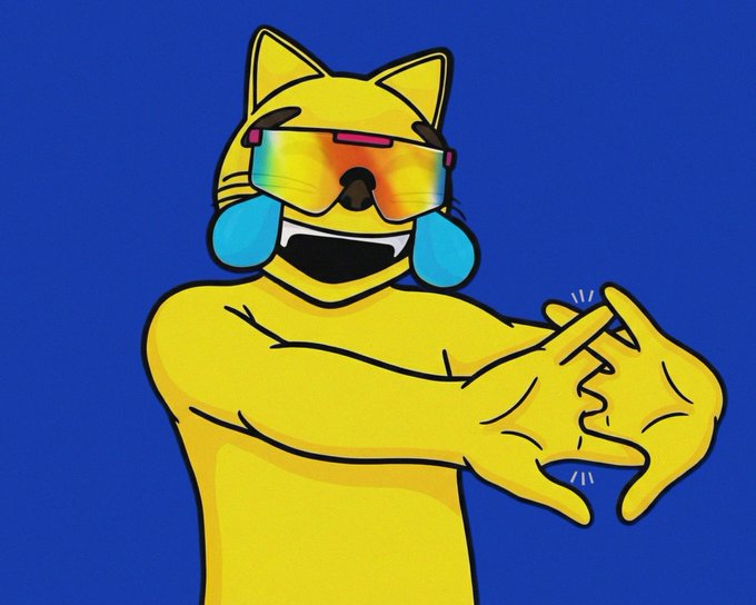 A cartoon yellow cat with reflective orange sunglasses and blue tears laughs while making an "okay" hand gesture against a blue background. The joyful yet tearful pose matches the post's "mhm #YUP" caption, conveying a mix of agreement and being emotionally overwhelmed.