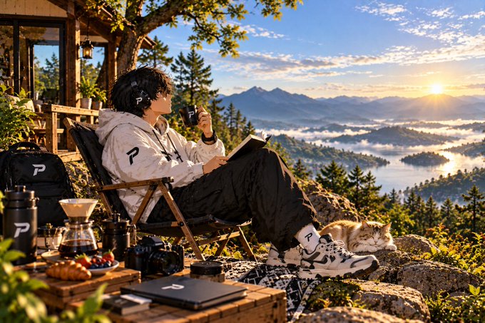 A digital illustration shows a young man in a hoodie relaxing in a camping chair at a scenic mountain overlook, holding a coffee cup and a book, with a small white cat resting nearby and a laptop on a wooden crate beside camping gear.
