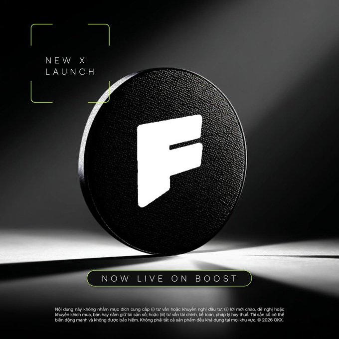 The image features a black and white logo with the letter "F" on it. The background of the image is dark gray, which contrasts with the black logo. Below the logo, there's text that reads "NEW X LUNCH", followed by an explanation about the new launch event for the X Layer reward pool. The post also mentions a tip to optimize volume and encourages users to trade top pairs on the X Layer instead of racing memes.