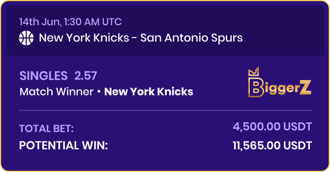 The image shows a purple square with white text, which displays information about a basketball match between the New York Knickers and San Antonio Spurs teams. The text indicates that the New York Knickers have won their last game by 2 points, while the San Antonio Spurs have lost their last game by 1 point. The post also mentions that there is a potential win for the player who placed their bet on this match.