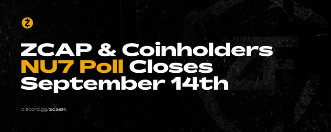 A black banner reads 'ZCAP & Coinholders NU7 Poll Closes September 14th' with a Discord link discord.gg/zcash.