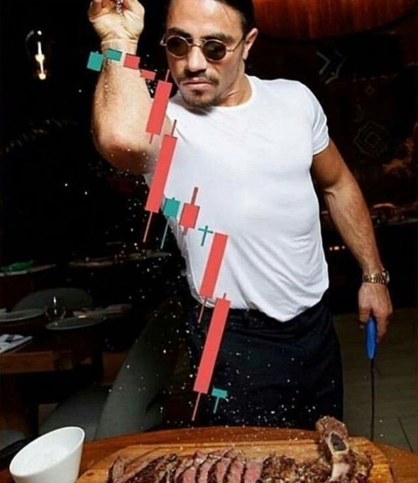 A photo of a muscular man in a white t-shirt and sunglasses holding a knife, with a candlestick chart graph edited over his arm as he stands behind a wooden board with sliced meat.