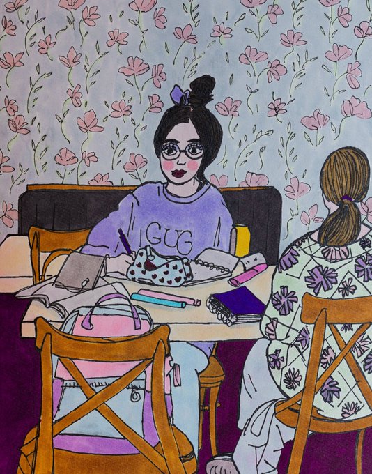 A hand-drawn illustration of two women sitting at a table with a pink backpack, books, and a polka-dot bag, set against floral wallpaper, with one wearing a purple 'VOGUE' sweater.