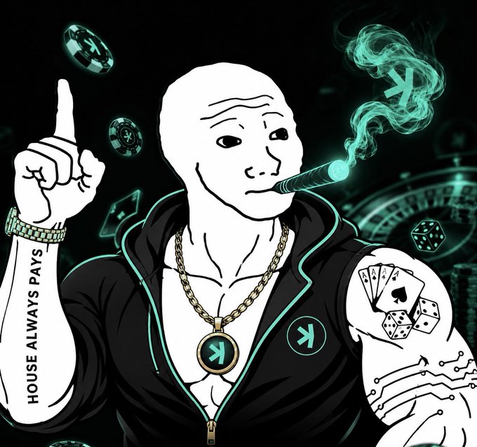 A stylized 'wojak' meme illustration holding a cigar with the 'Kaspa' (K) symbol, surrounded by casino imagery like dice, poker cards, and chips, with 'HOUSE ALWAYS PAYS' written on the arm.