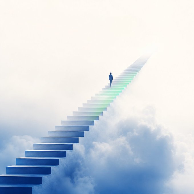 A lone figure ascends a glowing staircase emerging from the clouds, symbolizing upward progress and new heights—mirroring the post's message of taking the next step toward opportunity in the crypto space.