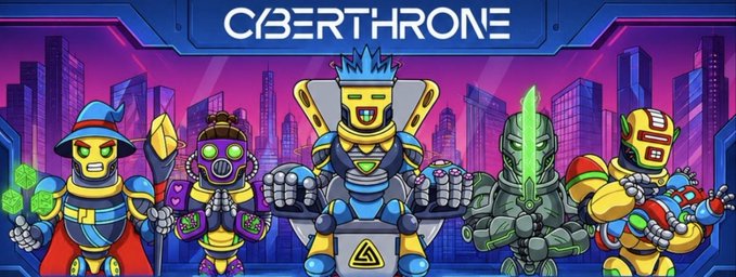 A colorful cartoon banner titled 'CYBERTHRONE' featuring five robot/warrior characters in a futuristic city setting. The central robot sits on a throne while the others—a wizard, gas-mask figure, armored knight, and boxer—stand on either side.