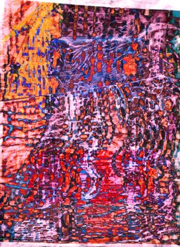 A highly textured, colorful abstract artwork filled with chaotic strokes of red, blue, yellow, and purple, resembling a dense forest or scribbled cityscape.