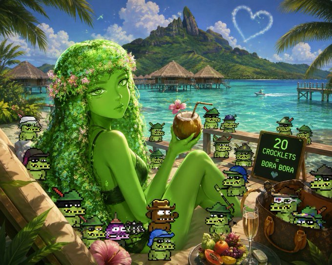 A colorful illustration of a green-skinned woman with floral hair holding a coconut drink in a tropical Bora Bora setting, surrounded by numerous small pixel-art 'Crocklet' creatures and a sign reading '20 CROCKLETS BORA BORA'.