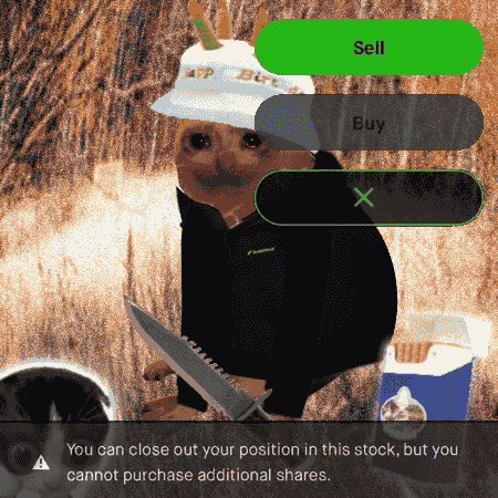 The image shows a meme of a cat dressed in a suit and cap holding a knife, with a Robinhood app interface overlay displaying "Sell" and "Buy" buttons and a warning that reads "You can close out your position in this stock, but you cannot purchase additional shares." This visually reinforces the post's skepticism about Robinhood and NFT investments by depicting an aggressive "Sell" action over the trading app.