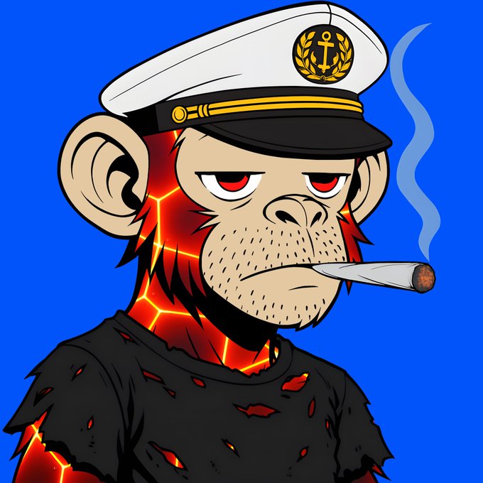 A digital illustration of a cartoon monkey character wearing a naval officer's cap with an anchor emblem, smoking a cigarette, with glowing red lava-like cracks on its skin and tattered clothing against a blue background.
