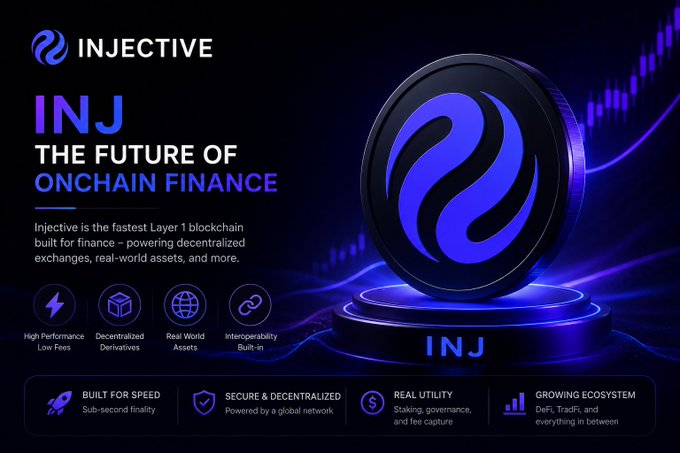 The image features a coin with blue and black colors, placed on top of a platform against a dark background. The coin has a unique design that resembles a wave or a spiral shape. The text "INJ" is written above the coin, while "INJ vừa có một tuần bùng nổ nhất từ đầu năm bùng như cùng lúc: Binance.US mở staking INJ cho người dùng Mỹ" is written below the coin, indicating that it is a coin related to cryptocurrency or blockchain technology. The image also includes some text about the future of ONCHAIN finance and its potential impact on the financial world.