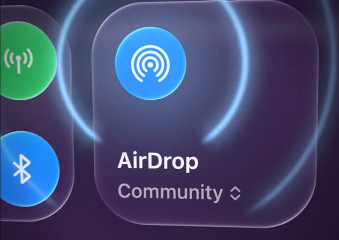 A close-up of an iOS Control Center tile for AirDrop showing the status set to "Community" with the characteristic blue AirDrop icon highlighted, alongside partial views of Wi-Fi and Bluetooth toggles.